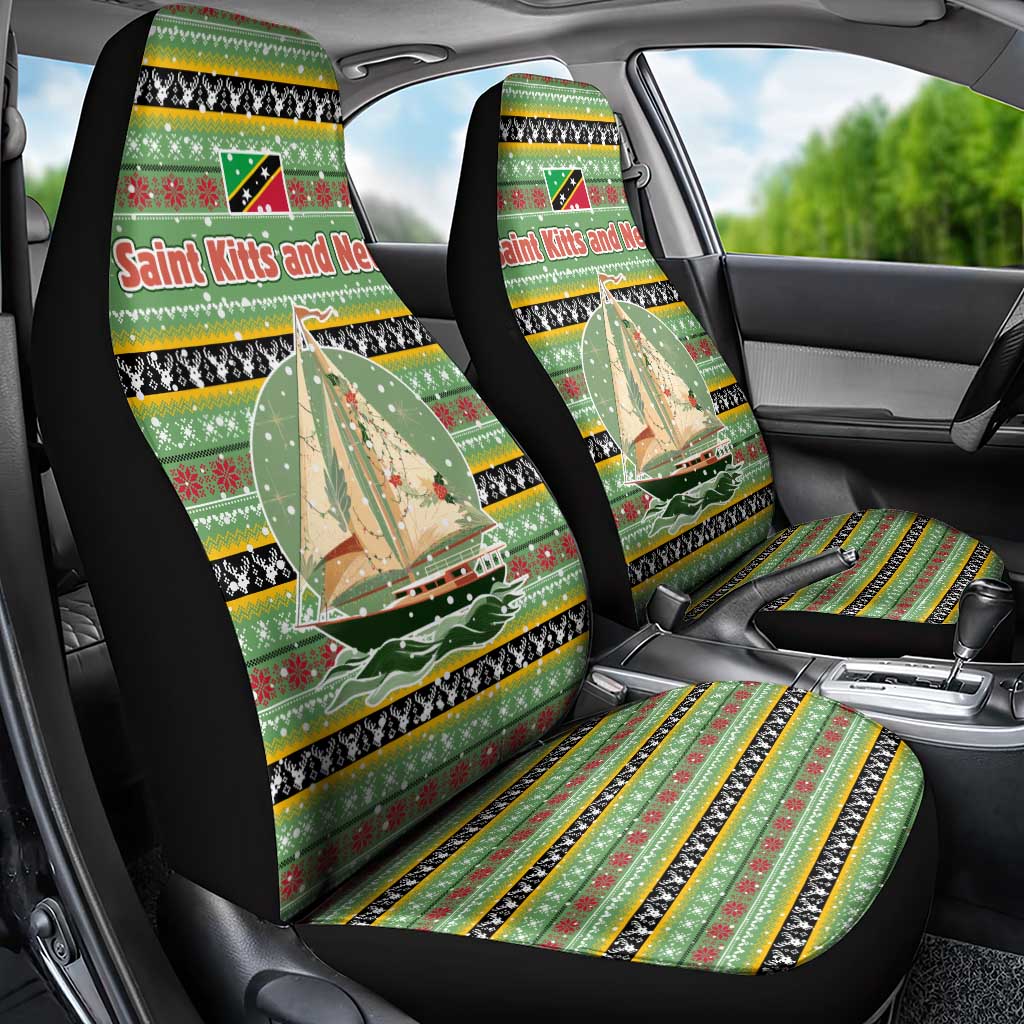 Saint Kitts and Nevis Christmas Car Seat Cover with Green Red Black Xmas Sailboat and Map - Wonder Print Shop