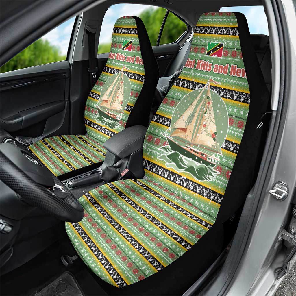 Saint Kitts and Nevis Christmas Car Seat Cover with Green Red Black Xmas Sailboat and Map - Wonder Print Shop