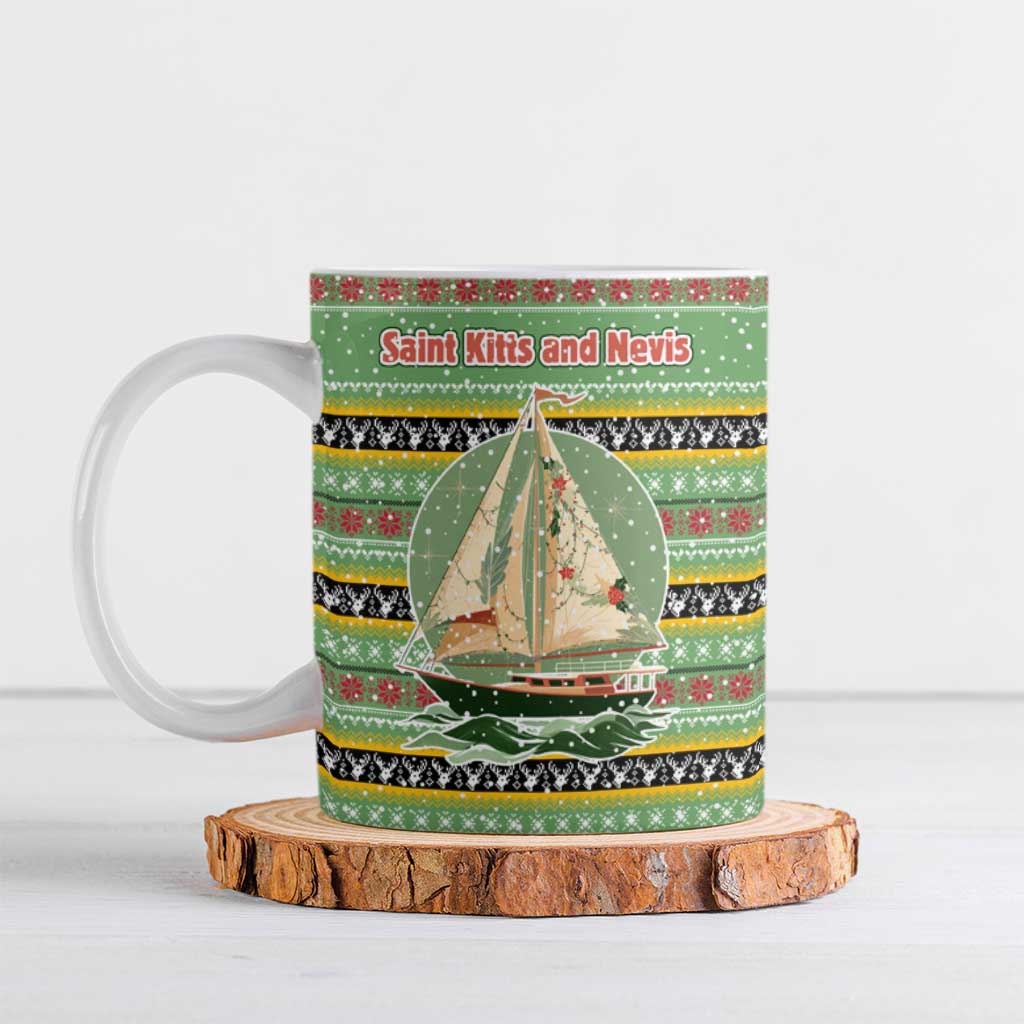 Saint Kitts and Nevis Christmas Ceramic Mug with Green Red Black Xmas Sailboat and Map - Wonder Print Shop
