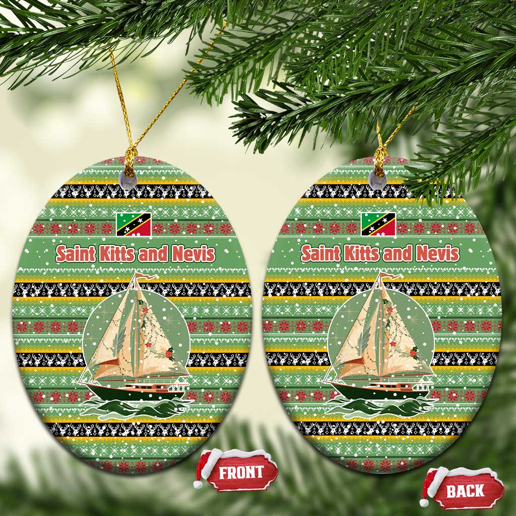 Saint Kitts and Nevis Christmas Ceramic Ornament with Green Red Black Xmas Sailboat and Map - Wonder Print Shop