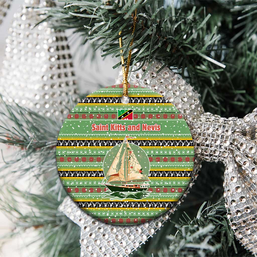 Saint Kitts and Nevis Christmas Ceramic Ornament with Green Red Black Xmas Sailboat and Map - Wonder Print Shop
