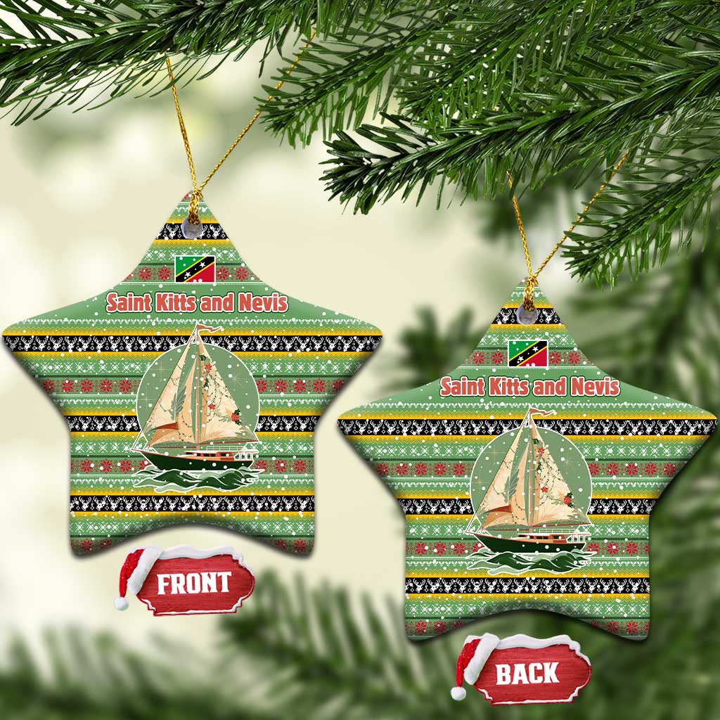 Saint Kitts and Nevis Christmas Ceramic Ornament with Green Red Black Xmas Sailboat and Map - Wonder Print Shop
