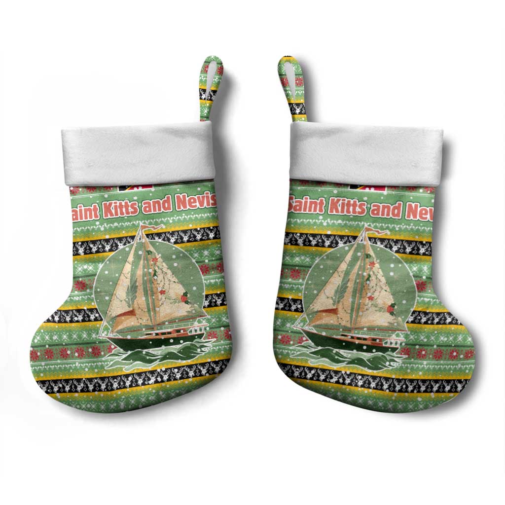 Saint Kitts and Nevis Christmas Stocking with Green Red Black Xmas Sailboat and Map - Wonder Print Shop