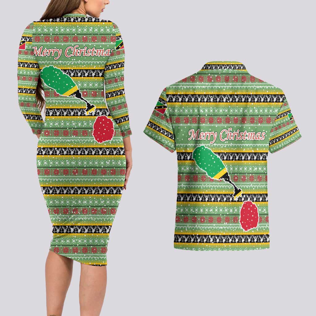 Saint Kitts and Nevis Christmas Couples Matching Long Sleeve Bodycon Dress and Hawaiian Shirt with Green Red Black Xmas Sailboat and Map - Wonder Print Shop