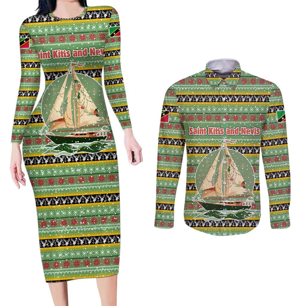 Saint Kitts and Nevis Christmas Couples Matching Long Sleeve Bodycon Dress and Long Sleeve Button Shirt with Green Red Black Xmas Sailboat and Map - Wonder Print Shop
