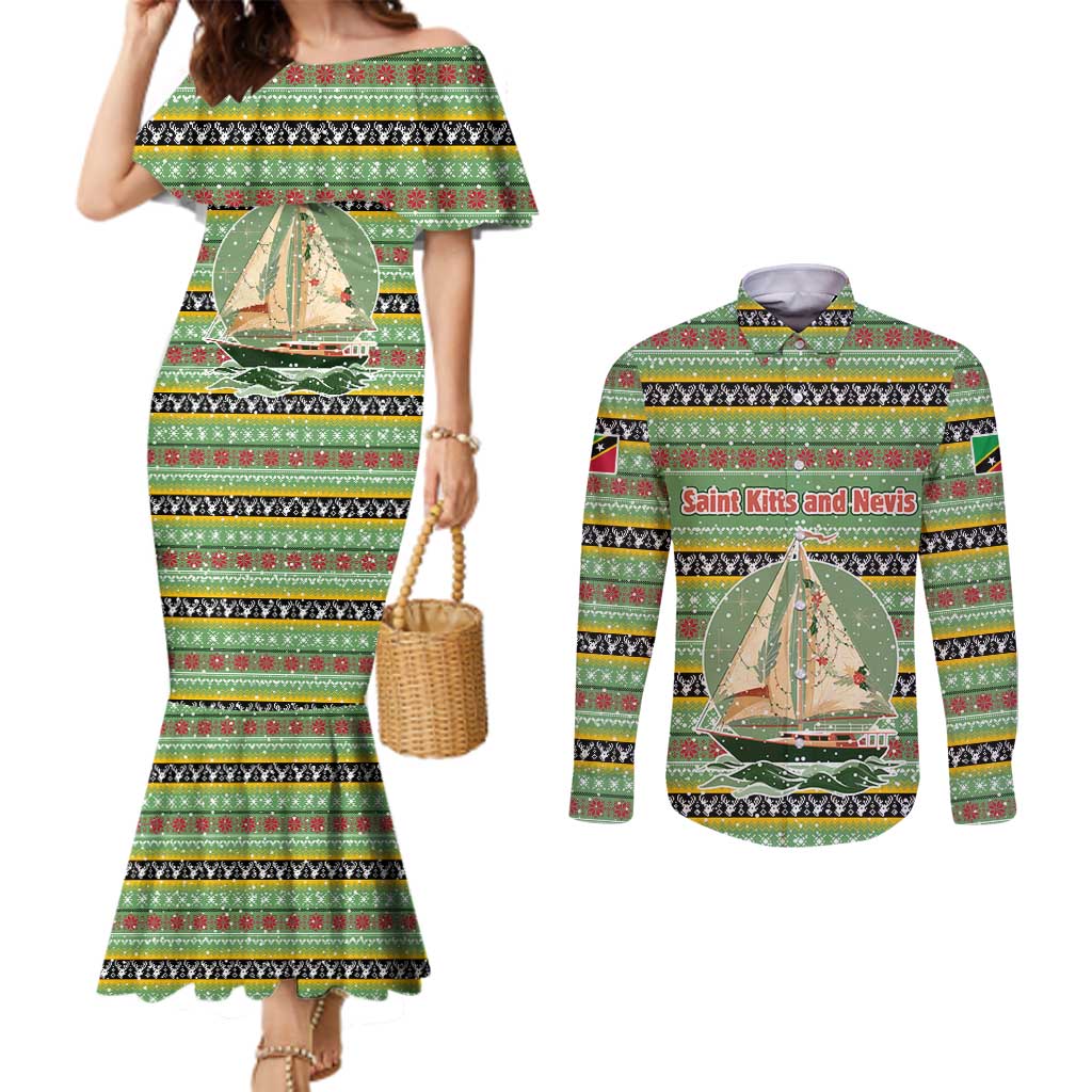 Saint Kitts and Nevis Christmas Couples Matching Mermaid Dress and Long Sleeve Button Shirt with Green Red Black Xmas Sailboat and Map - Wonder Print Shop
