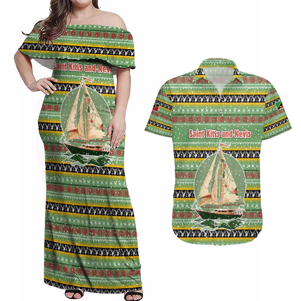 Saint Kitts and Nevis Christmas Couples Matching Off Shoulder Maxi Dress and Hawaiian Shirt with Green Red Black Xmas Sailboat and Map - Wonder Print Shop