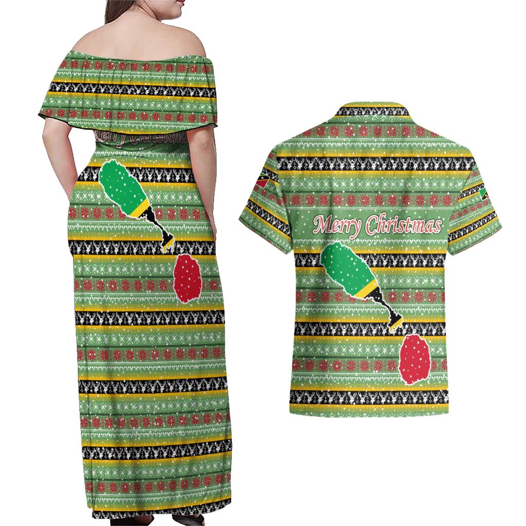Saint Kitts and Nevis Christmas Couples Matching Off Shoulder Maxi Dress and Hawaiian Shirt with Green Red Black Xmas Sailboat and Map - Wonder Print Shop