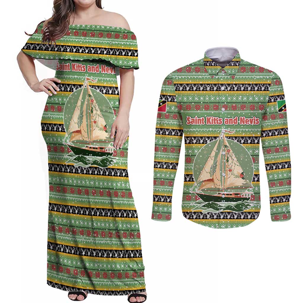 Saint Kitts and Nevis Christmas Couples Matching Off Shoulder Maxi Dress and Long Sleeve Button Shirt with Green Red Black Xmas Sailboat and Map - Wonder Print Shop