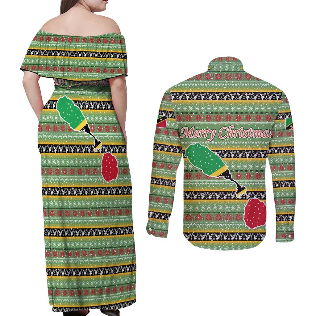 Saint Kitts and Nevis Christmas Couples Matching Off Shoulder Maxi Dress and Long Sleeve Button Shirt with Green Red Black Xmas Sailboat and Map - Wonder Print Shop