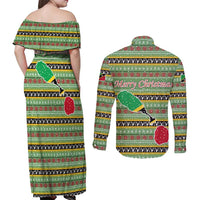 Saint Kitts and Nevis Christmas Couples Matching Off Shoulder Maxi Dress and Long Sleeve Button Shirt with Green Red Black Xmas Sailboat and Map - Wonder Print Shop