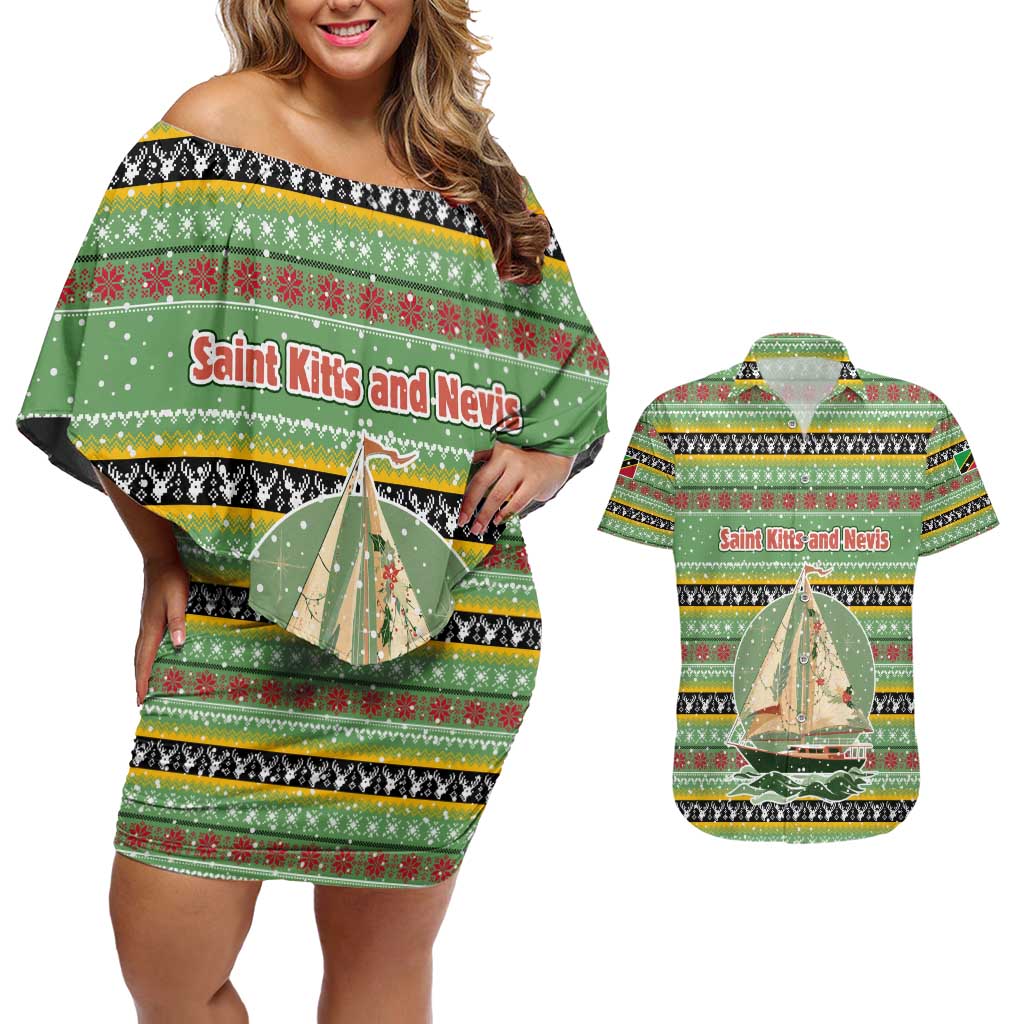 Saint Kitts and Nevis Christmas Couples Matching Off Shoulder Short Dress and Hawaiian Shirt with Green Red Black Xmas Sailboat and Map - Wonder Print Shop