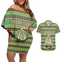 Saint Kitts and Nevis Christmas Couples Matching Off Shoulder Short Dress and Hawaiian Shirt with Green Red Black Xmas Sailboat and Map - Wonder Print Shop