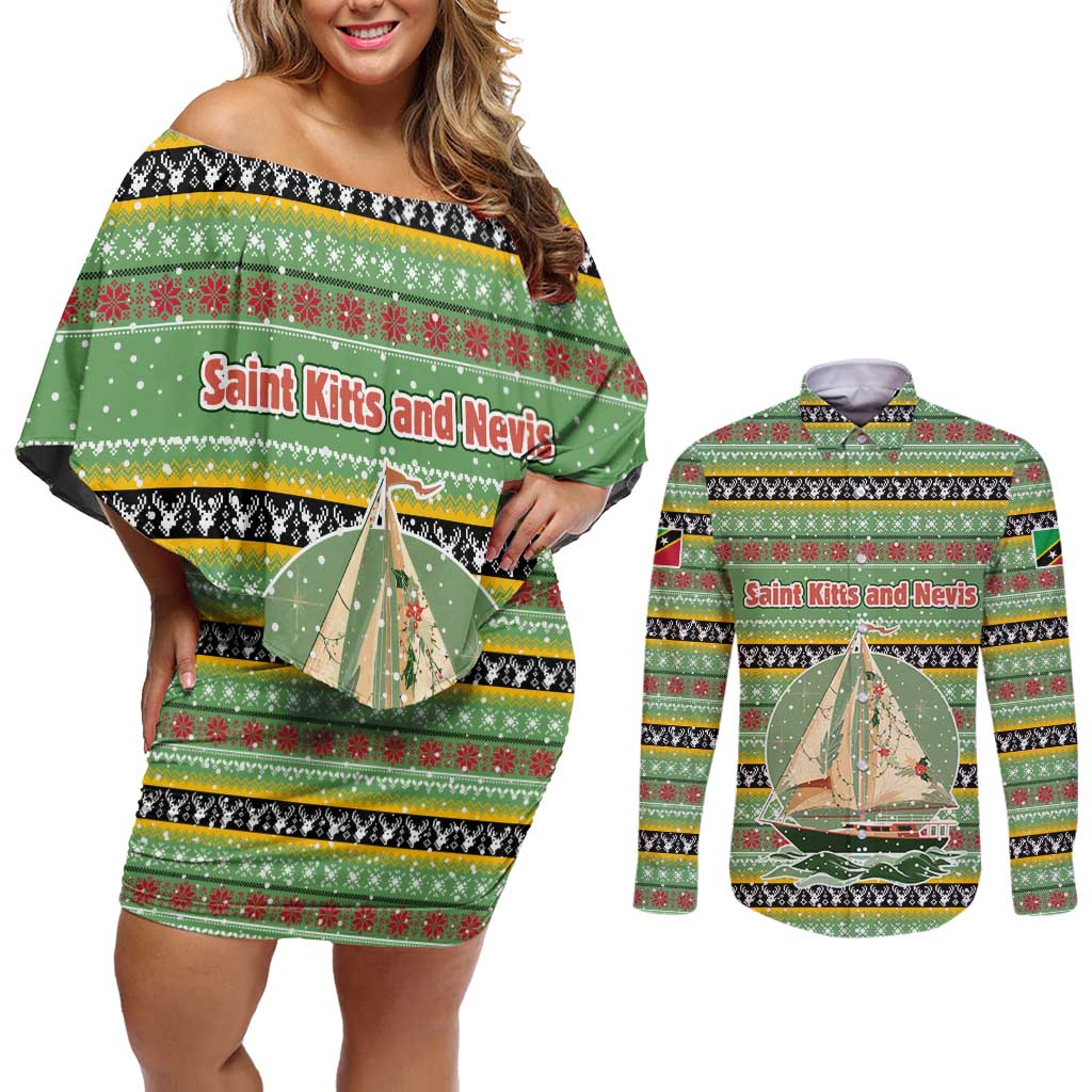 Saint Kitts and Nevis Christmas Couples Matching Off Shoulder Short Dress and Long Sleeve Button Shirt with Green Red Black Xmas Sailboat and Map - Wonder Print Shop