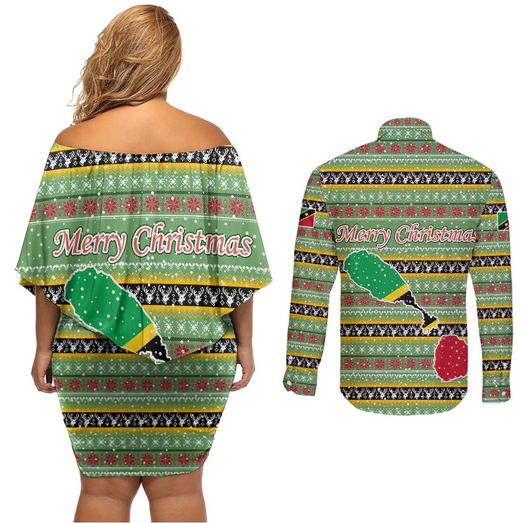 Saint Kitts and Nevis Christmas Couples Matching Off Shoulder Short Dress and Long Sleeve Button Shirt with Green Red Black Xmas Sailboat and Map - Wonder Print Shop
