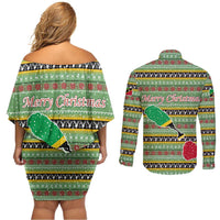 Saint Kitts and Nevis Christmas Couples Matching Off Shoulder Short Dress and Long Sleeve Button Shirt with Green Red Black Xmas Sailboat and Map - Wonder Print Shop