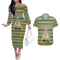 Saint Kitts and Nevis Christmas Couples Matching Off The Shoulder Long Sleeve Dress and Hawaiian Shirt with Green Red Black Xmas Sailboat and Map - Wonder Print Shop