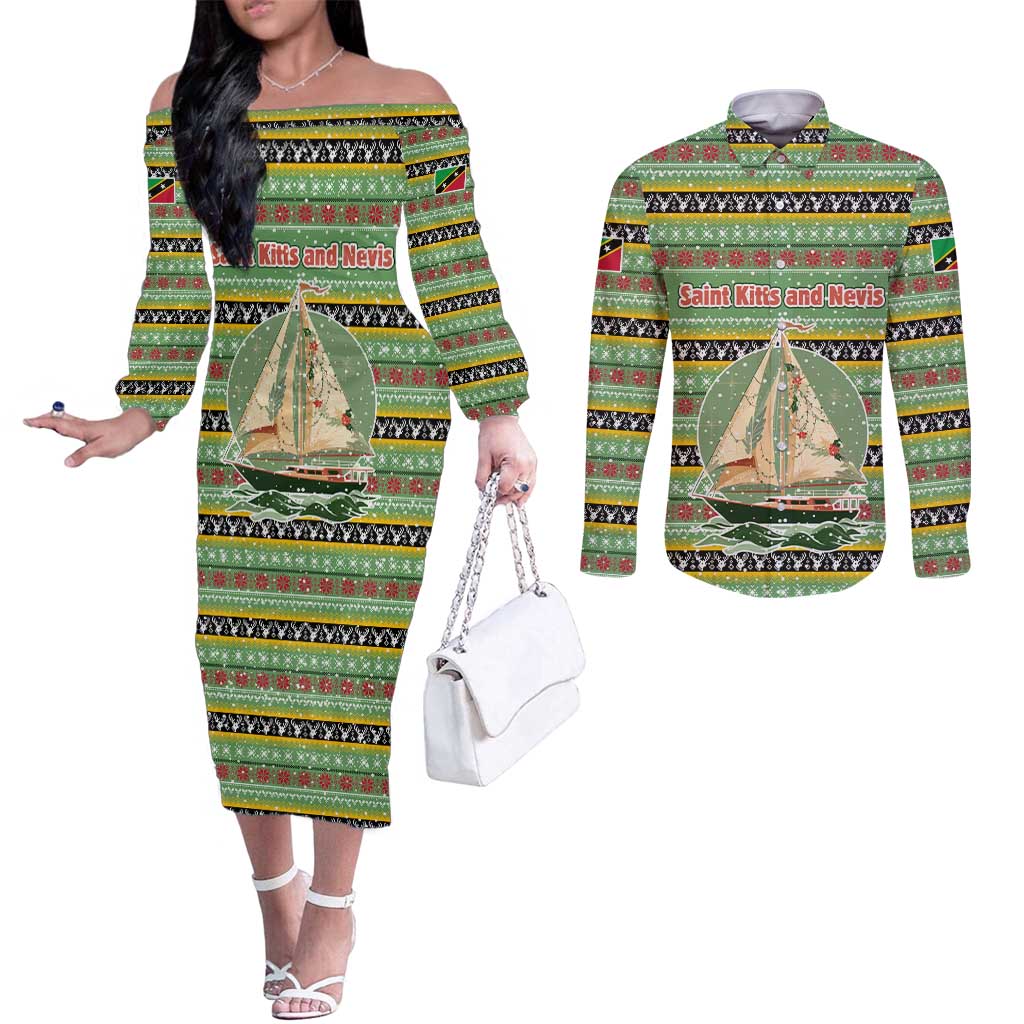Saint Kitts and Nevis Christmas Couples Matching Off The Shoulder Long Sleeve Dress and Long Sleeve Button Shirt with Green Red Black Xmas Sailboat and Map - Wonder Print Shop