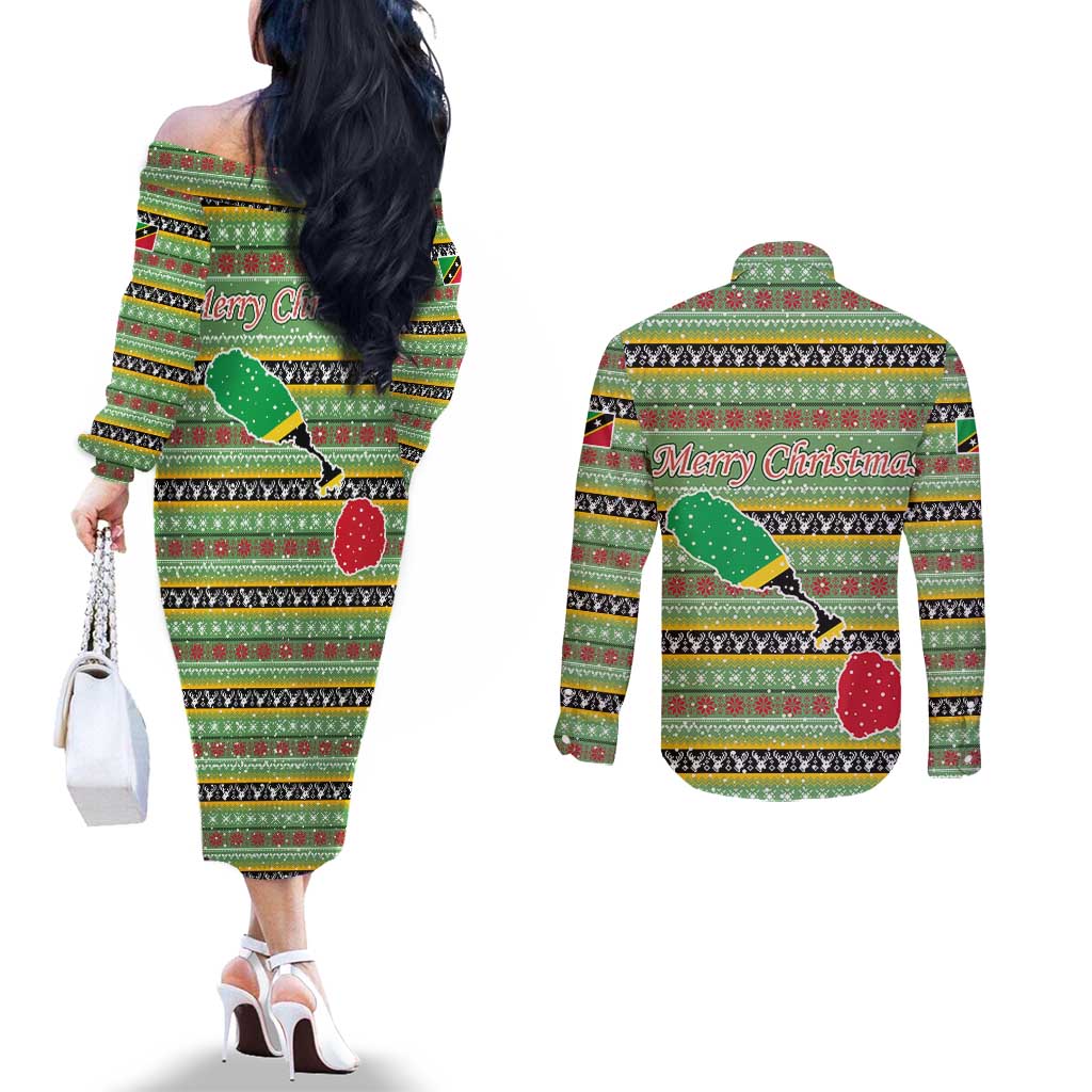 Saint Kitts and Nevis Christmas Couples Matching Off The Shoulder Long Sleeve Dress and Long Sleeve Button Shirt with Green Red Black Xmas Sailboat and Map - Wonder Print Shop