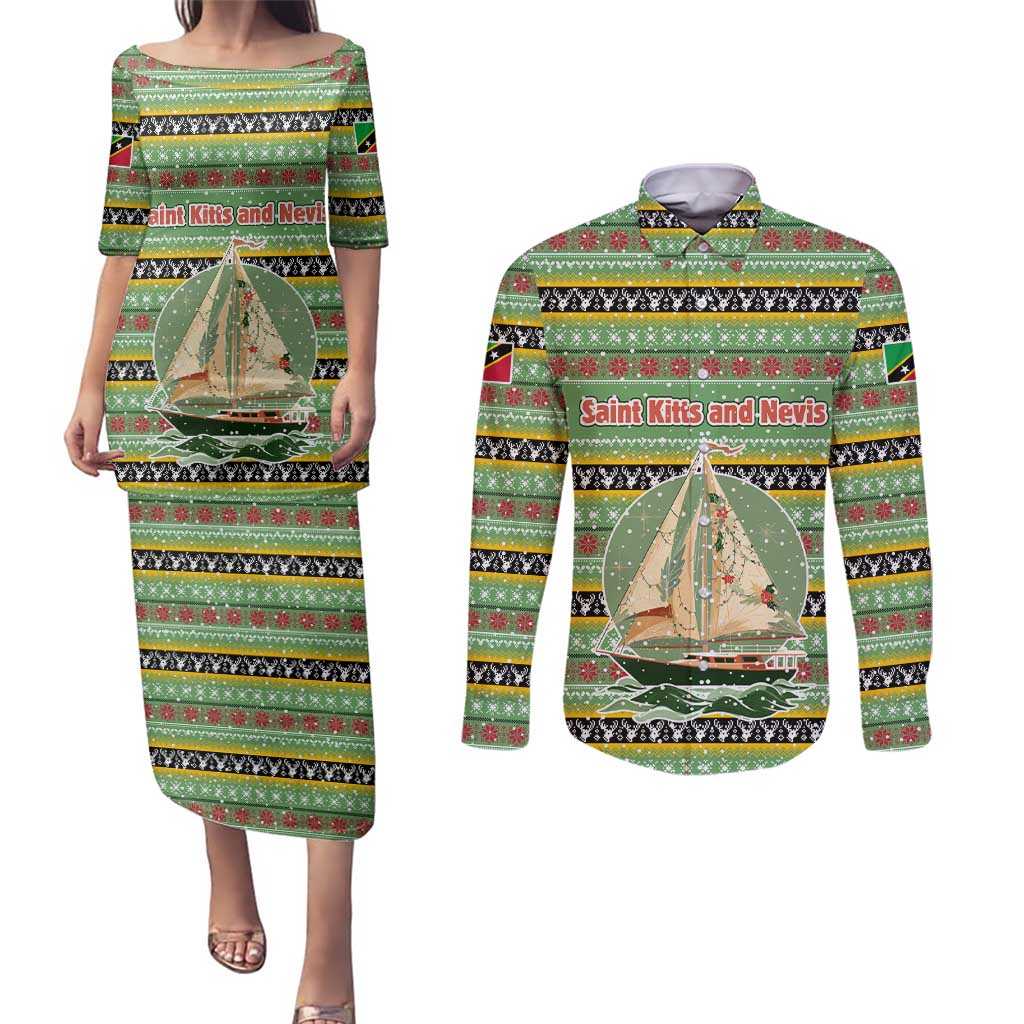 Saint Kitts and Nevis Christmas Couples Matching Puletasi and Long Sleeve Button Shirt with Green Red Black Xmas Sailboat and Map - Wonder Print Shop