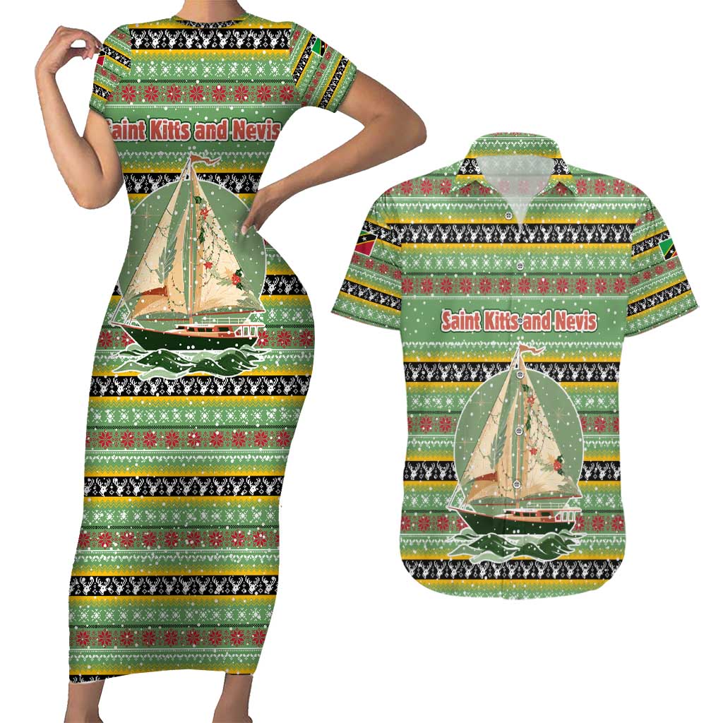 Saint Kitts and Nevis Christmas Couples Matching Short Sleeve Bodycon Dress and Hawaiian Shirt with Green Red Black Xmas Sailboat and Map - Wonder Print Shop