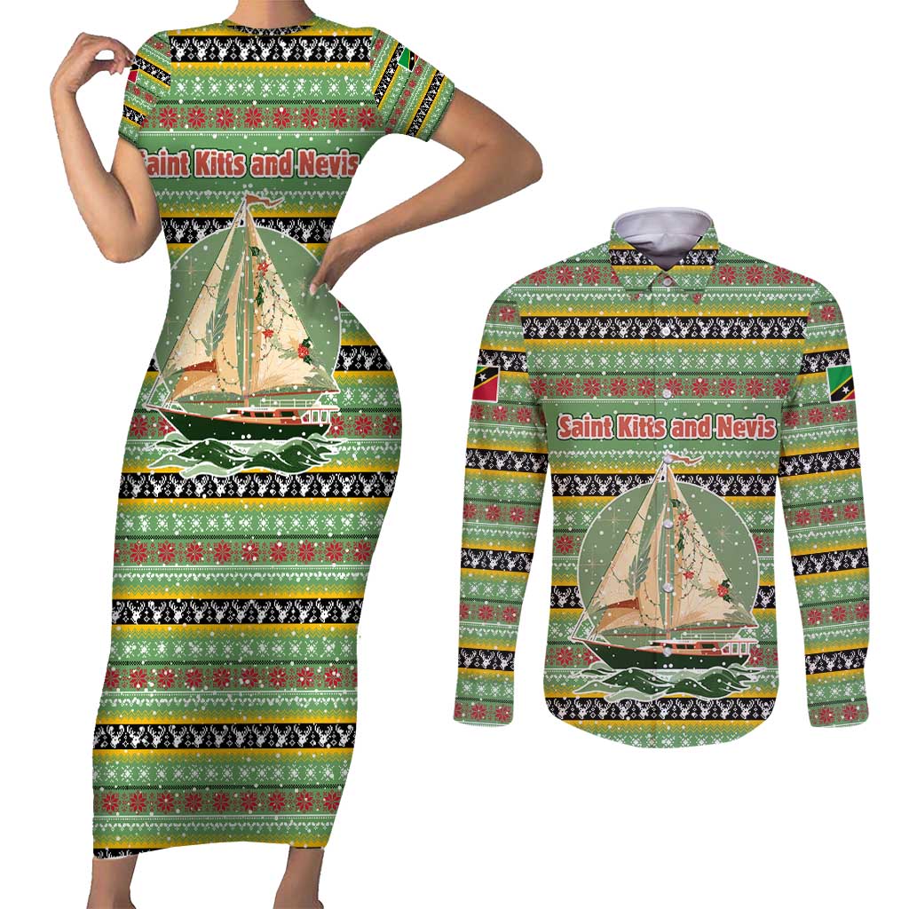 Saint Kitts and Nevis Christmas Couples Matching Short Sleeve Bodycon Dress and Long Sleeve Button Shirt with Green Red Black Xmas Sailboat and Map - Wonder Print Shop