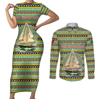 Saint Kitts and Nevis Christmas Couples Matching Short Sleeve Bodycon Dress and Long Sleeve Button Shirt with Green Red Black Xmas Sailboat and Map - Wonder Print Shop