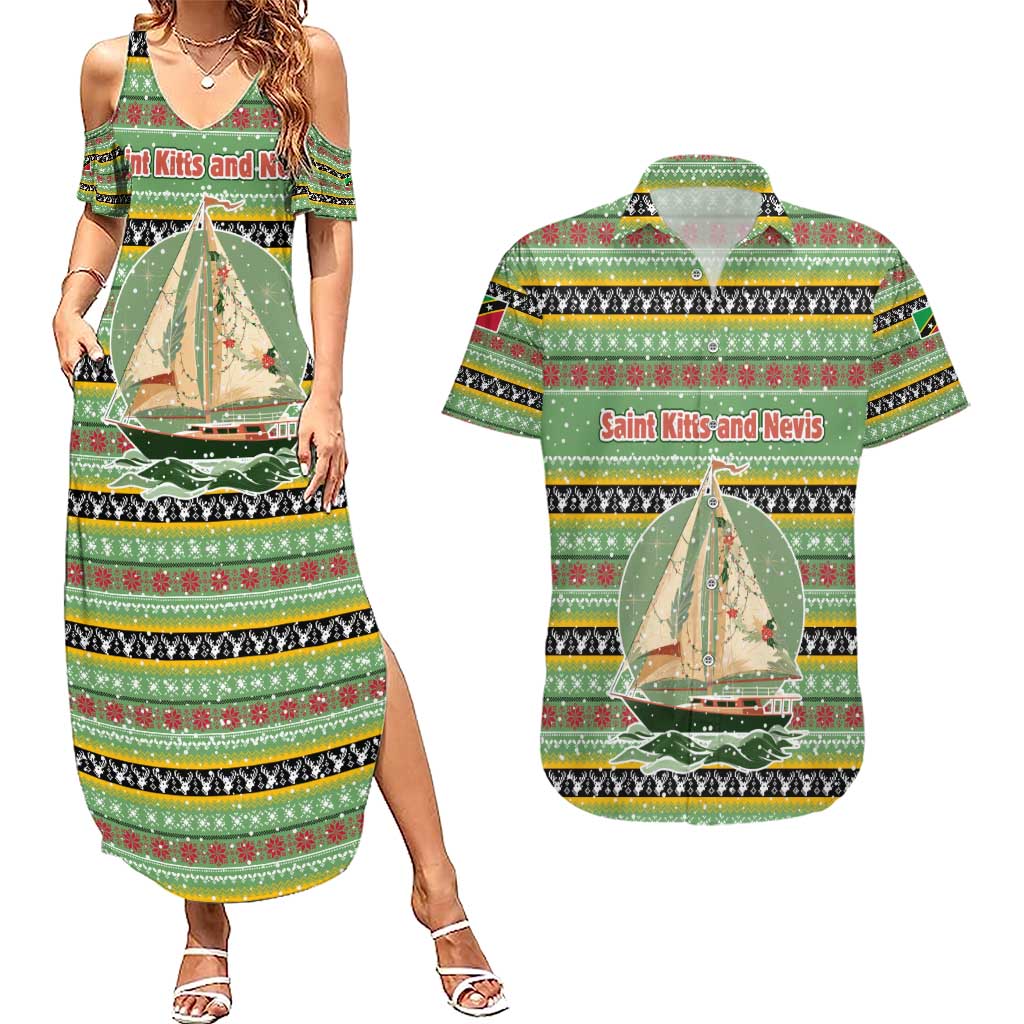 Saint Kitts and Nevis Christmas Couples Matching Summer Maxi Dress and Hawaiian Shirt with Green Red Black Xmas Sailboat and Map - Wonder Print Shop