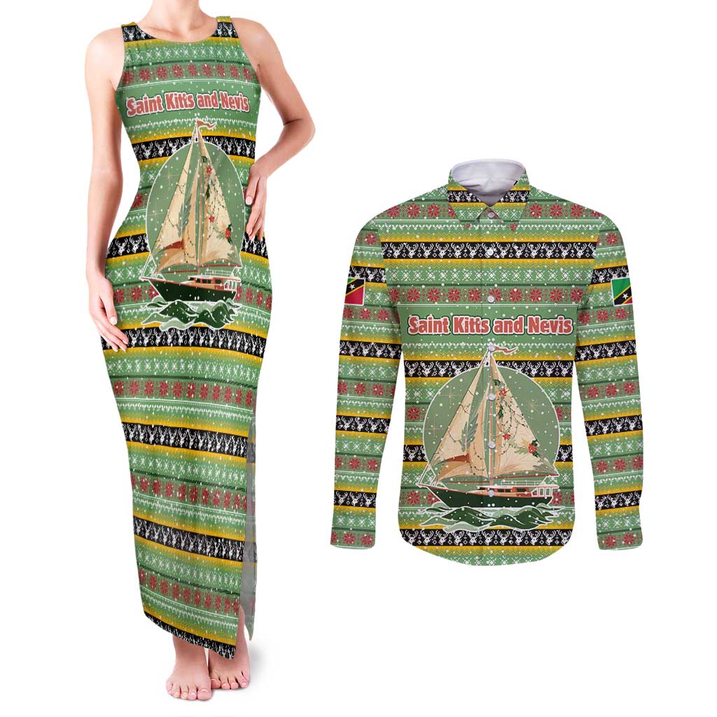Saint Kitts and Nevis Christmas Couples Matching Tank Maxi Dress and Long Sleeve Button Shirt with Green Red Black Xmas Sailboat and Map - Wonder Print Shop