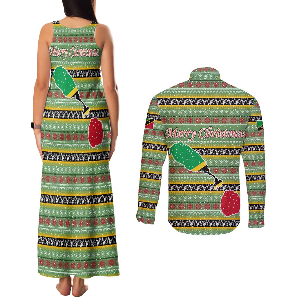 Saint Kitts and Nevis Christmas Couples Matching Tank Maxi Dress and Long Sleeve Button Shirt with Green Red Black Xmas Sailboat and Map - Wonder Print Shop