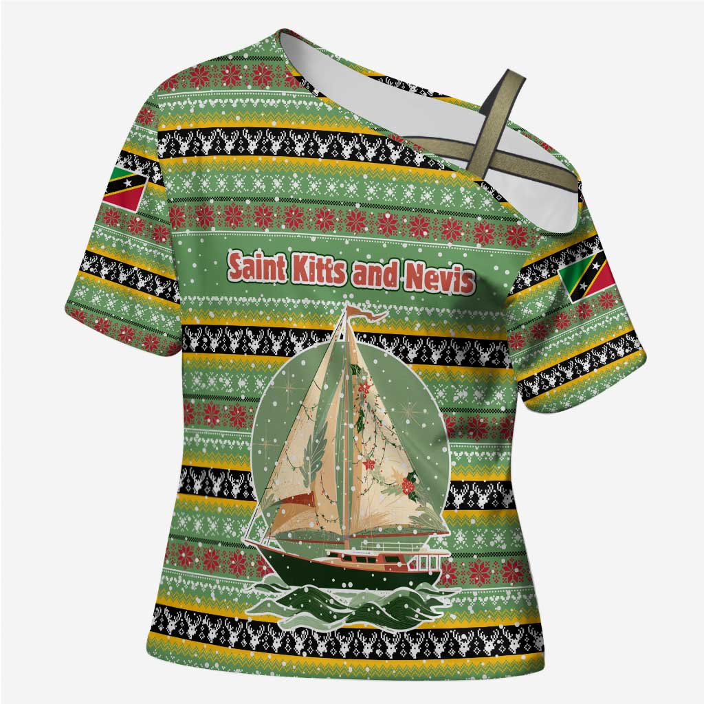 Saint Kitts and Nevis Christmas Cross Shoulder Shirt with Green Red Black Xmas Sailboat and Map - Wonder Print Shop