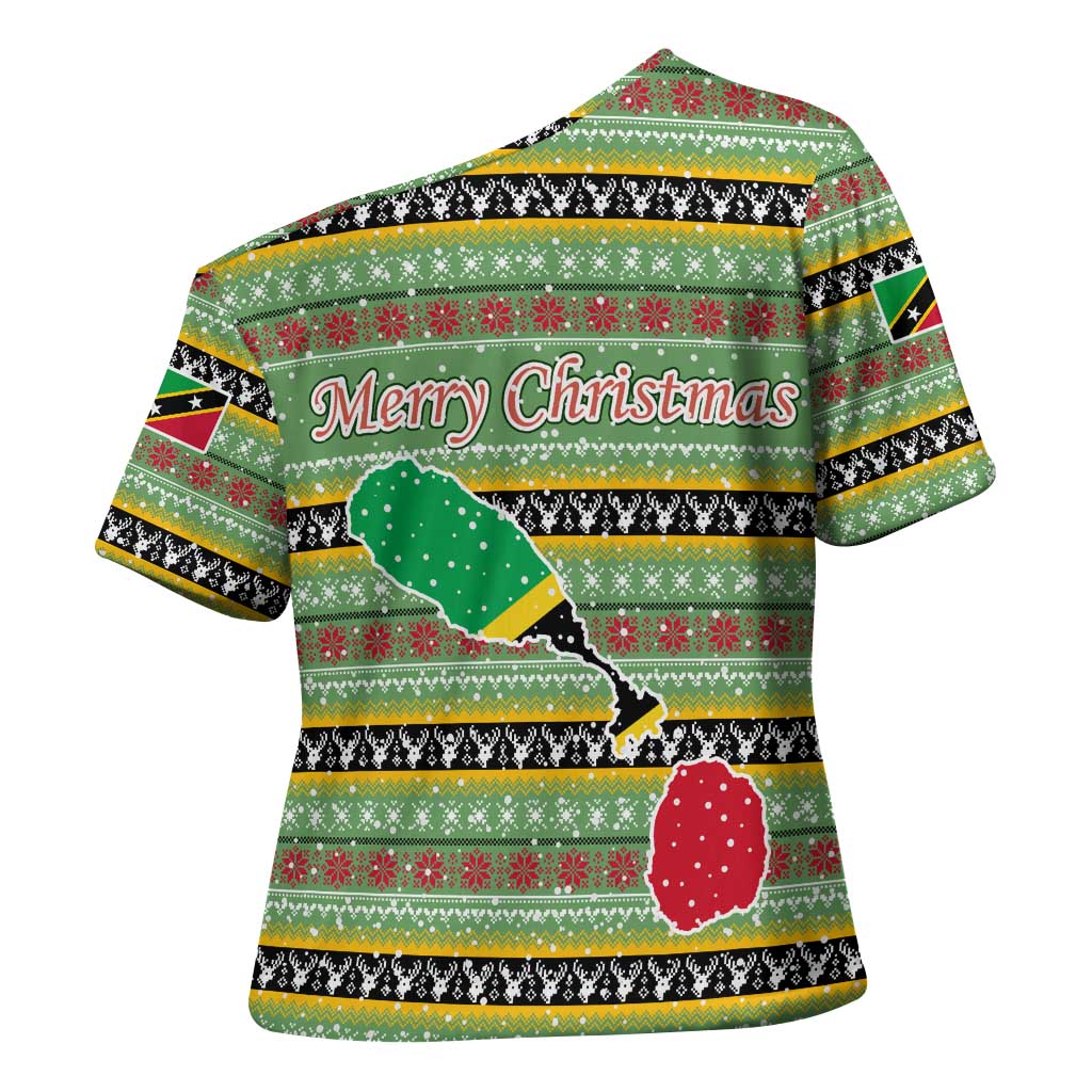 Saint Kitts and Nevis Christmas Cross Shoulder Shirt with Green Red Black Xmas Sailboat and Map - Wonder Print Shop