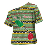 Saint Kitts and Nevis Christmas Cross Shoulder Shirt with Green Red Black Xmas Sailboat and Map - Wonder Print Shop