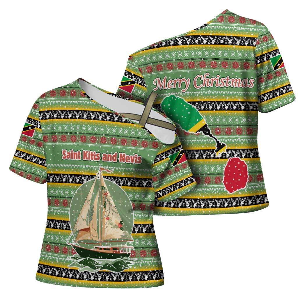 Saint Kitts and Nevis Christmas Cross Shoulder Shirt with Green Red Black Xmas Sailboat and Map - Wonder Print Shop