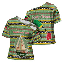 Saint Kitts and Nevis Christmas Cross Shoulder Shirt with Green Red Black Xmas Sailboat and Map - Wonder Print Shop