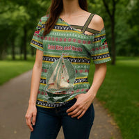 Saint Kitts and Nevis Christmas Cross Shoulder Shirt with Green Red Black Xmas Sailboat and Map - Wonder Print Shop