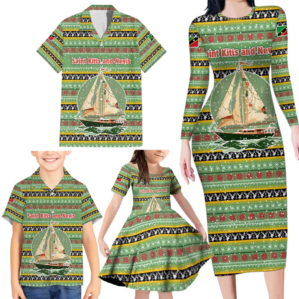 Saint Kitts and Nevis Christmas Family Matching Long Sleeve Bodycon Dress and Hawaiian Shirt with Green Red Black Xmas Sailboat and Map - Wonder Print Shop