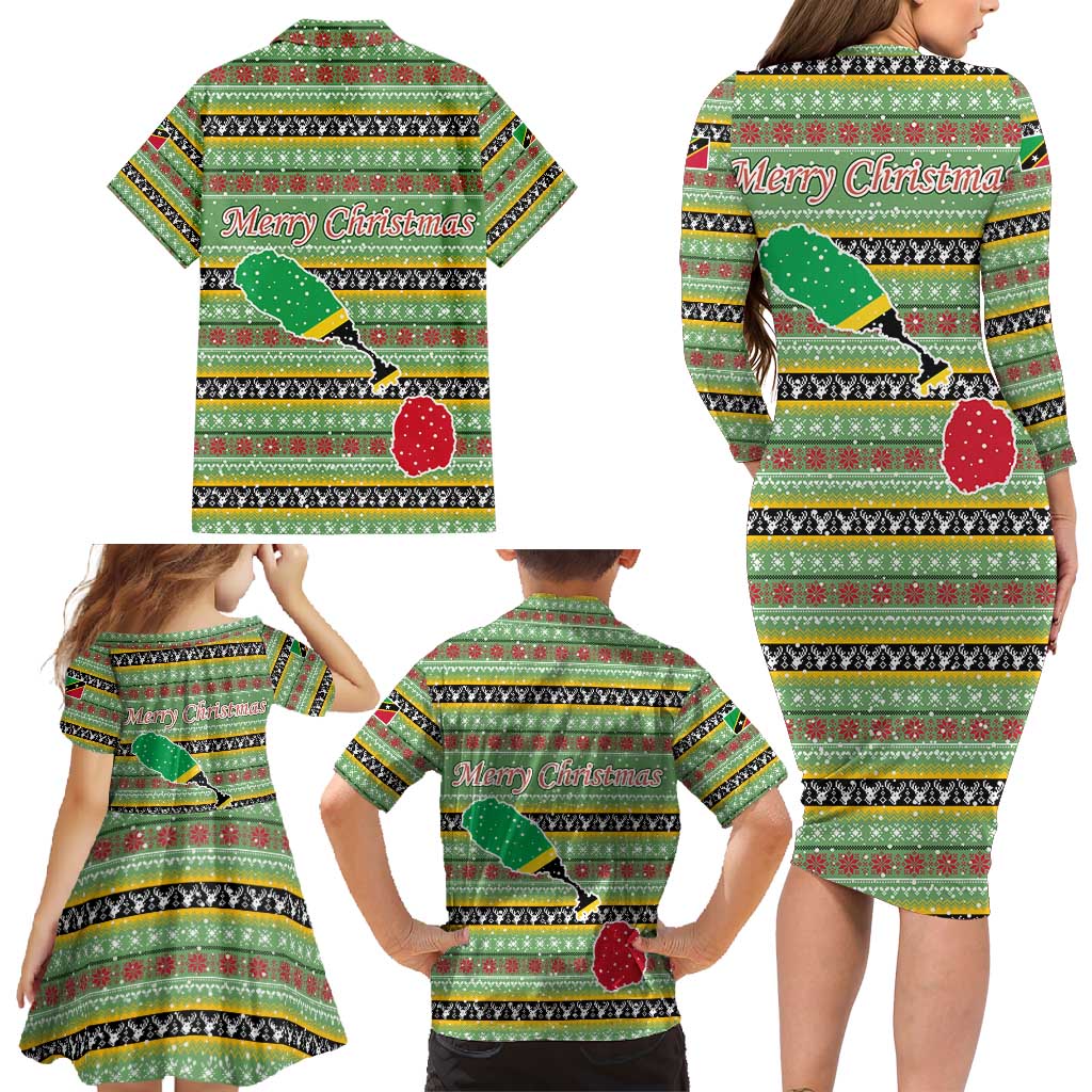Saint Kitts and Nevis Christmas Family Matching Long Sleeve Bodycon Dress and Hawaiian Shirt with Green Red Black Xmas Sailboat and Map - Wonder Print Shop