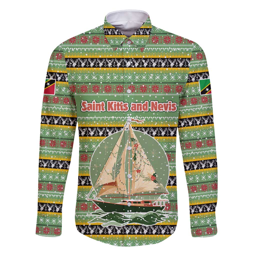 Saint Kitts and Nevis Christmas Family Matching Long Sleeve Bodycon Dress and Hawaiian Shirt with Green Red Black Xmas Sailboat and Map - Wonder Print Shop