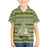Saint Kitts and Nevis Christmas Family Matching Long Sleeve Bodycon Dress and Hawaiian Shirt with Green Red Black Xmas Sailboat and Map - Wonder Print Shop