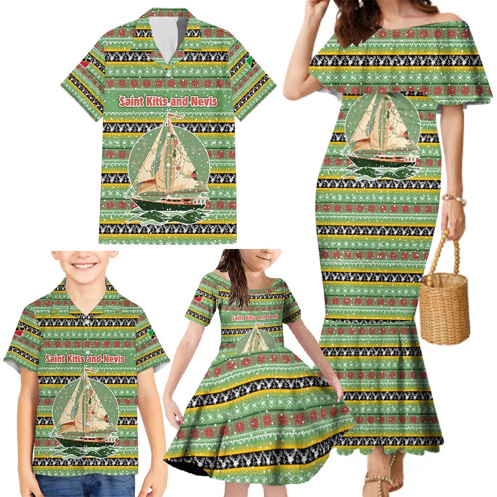 Saint Kitts and Nevis Christmas Family Matching Mermaid Dress and Hawaiian Shirt with Green Red Black Xmas Sailboat and Map - Wonder Print Shop