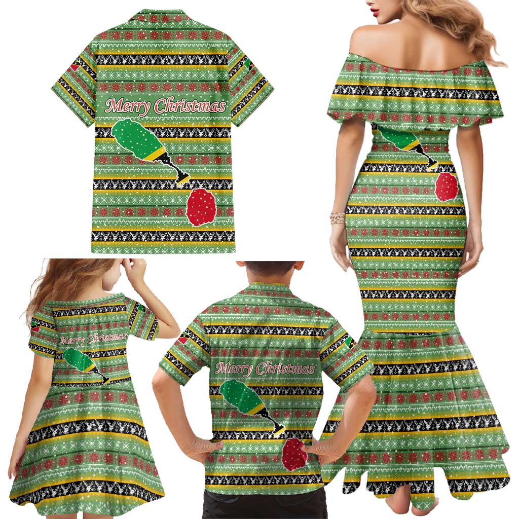 Saint Kitts and Nevis Christmas Family Matching Mermaid Dress and Hawaiian Shirt with Green Red Black Xmas Sailboat and Map - Wonder Print Shop