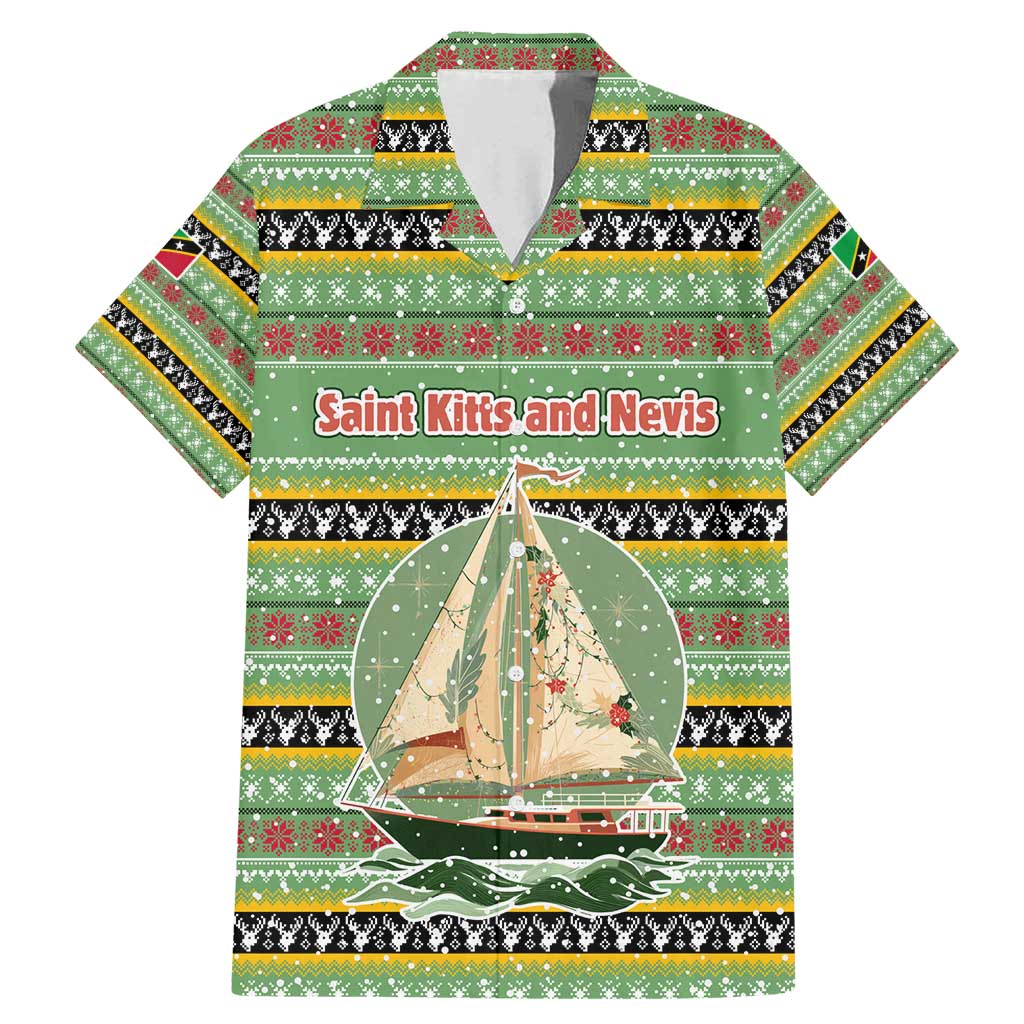 Saint Kitts and Nevis Christmas Family Matching Mermaid Dress and Hawaiian Shirt with Green Red Black Xmas Sailboat and Map - Wonder Print Shop