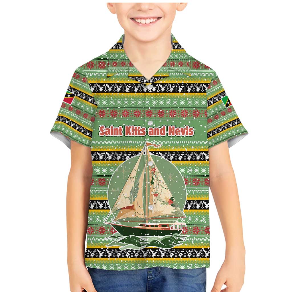Saint Kitts and Nevis Christmas Family Matching Mermaid Dress and Hawaiian Shirt with Green Red Black Xmas Sailboat and Map - Wonder Print Shop