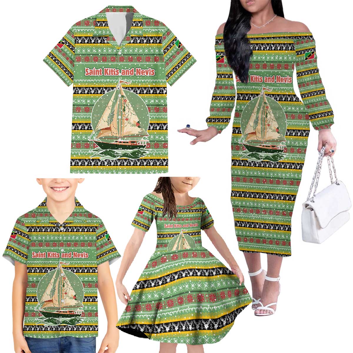 Saint Kitts and Nevis Christmas Family Matching Off The Shoulder Long Sleeve Dress and Hawaiian Shirt with Green Red Black Xmas Sailboat and Map - Wonder Print Shop