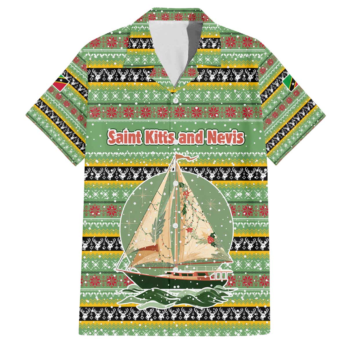 Saint Kitts and Nevis Christmas Family Matching Off The Shoulder Long Sleeve Dress and Hawaiian Shirt with Green Red Black Xmas Sailboat and Map - Wonder Print Shop