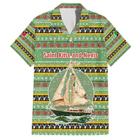 Saint Kitts and Nevis Christmas Family Matching Off The Shoulder Long Sleeve Dress and Hawaiian Shirt with Green Red Black Xmas Sailboat and Map - Wonder Print Shop