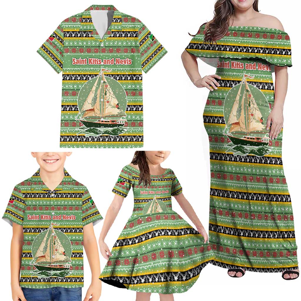Saint Kitts and Nevis Christmas Family Matching Off Shoulder Maxi Dress and Hawaiian Shirt with Green Red Black Xmas Sailboat and Map - Wonder Print Shop
