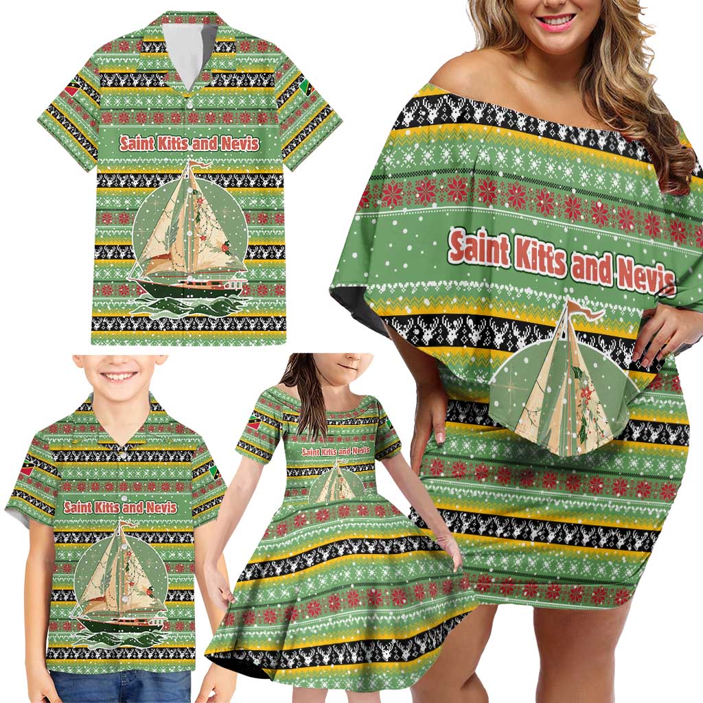 Saint Kitts and Nevis Christmas Family Matching Off Shoulder Short Dress and Hawaiian Shirt with Green Red Black Xmas Sailboat and Map - Wonder Print Shop