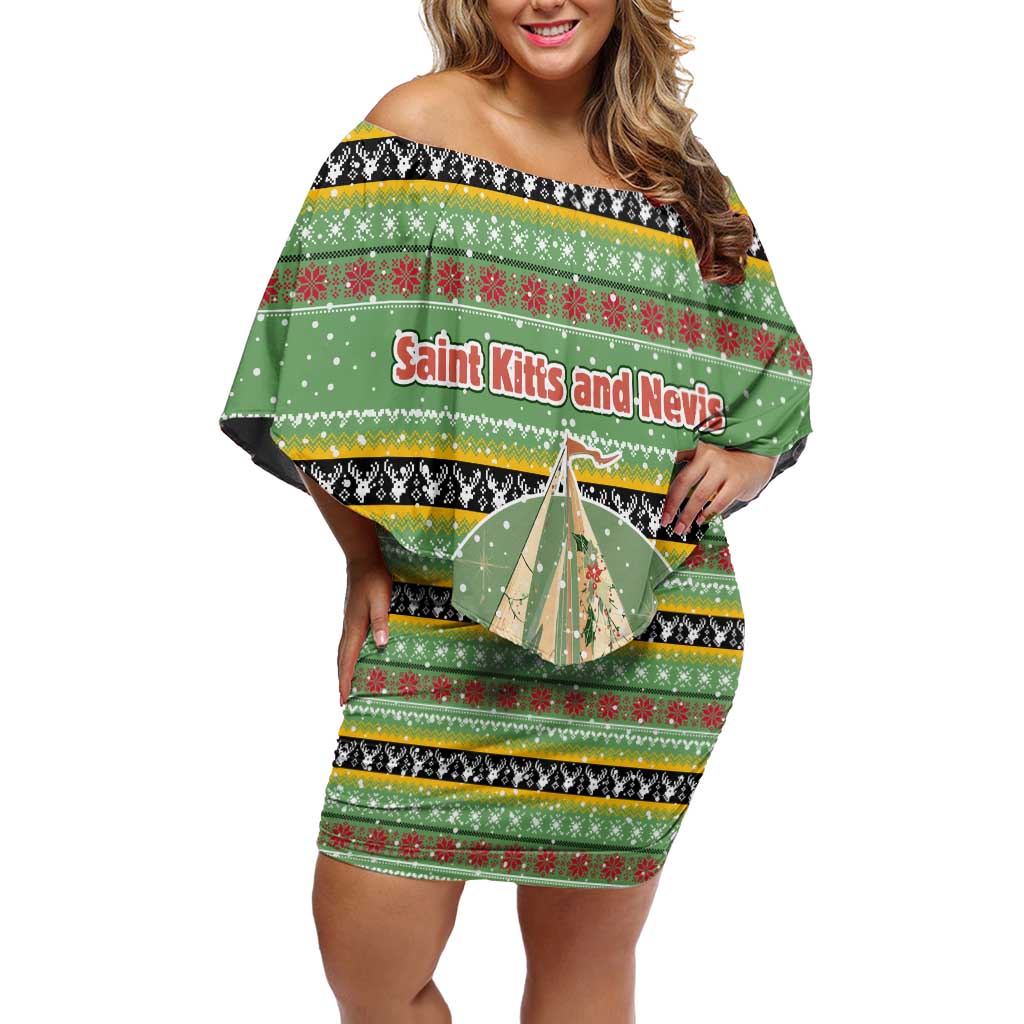 Saint Kitts and Nevis Christmas Family Matching Off Shoulder Short Dress and Hawaiian Shirt with Green Red Black Xmas Sailboat and Map - Wonder Print Shop